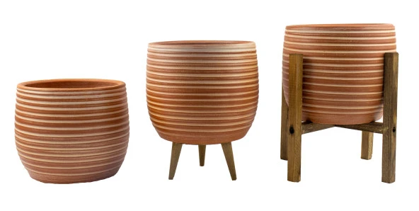 Bitki Tasarımı Yan Çizgi Desenli Toprak Saksı Saksılık Salon Çiçeklik Üçlü Set - 19 CM