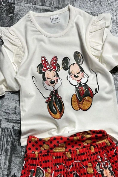 Kız Çocuk Omzu Fırfırlı Mickey ve Minnie Baskılı Beyaz Bluz Etekli Takım - Resim 2