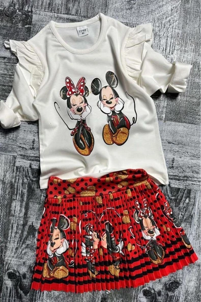Kız Çocuk Omzu Fırfırlı Mickey ve Minnie Baskılı Beyaz Bluz Etekli Takım