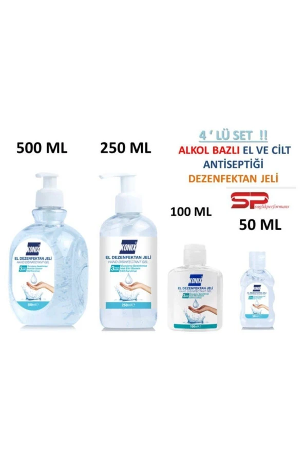 4 Lü Dezenfektan El Ve Cilt Jeli 500 Ml.+250 Ml.+100 Ml.+50 Ml Konıx Biyosidal Ruhsatlı 4 Lü