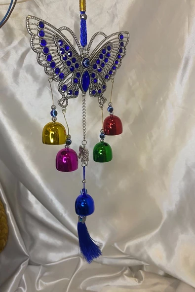 Deprem Zili Çanı Rüzgar Çanı Zili Feng Shui Ejderha Yılı Koruyucu Telkari Kelebek 5 Çanlı NAzar Boncuğu Objeli - Resim 3