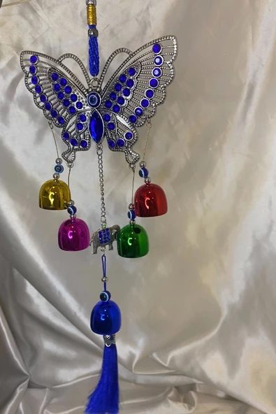 Deprem Zili Çanı Rüzgar Çanı Zili Feng Shui Ejderha Yılı Koruyucu Telkari Kelebek 5 Çanlı NAzar Boncuğu Objeli - Resim 4