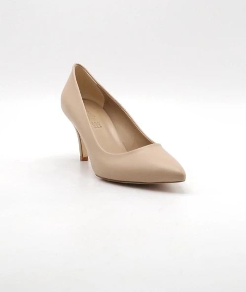 Bayan 36-40 Krem Stiletto Model Kısa Topuk Abiye Ayakkabı (Topuk Boyu : 8 cm )