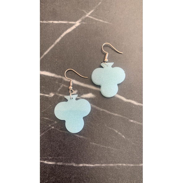 Buz Mavi Renkli Simli Sedefli Parlak Gümüş Aksesuar İskambil Sinek Şekil Küpe 3 cm Epoksi Hediyelik - Resim 3