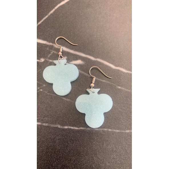 Buz Mavi Renkli Simli Sedefli Parlak Gümüş Aksesuar İskambil Sinek Şekil Küpe 3 cm Epoksi Hediyelik - Resim 7