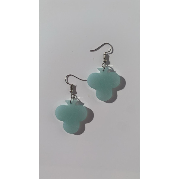 Buz Mavi Renkli Simli Sedefli Parlak Gümüş Aksesuar İskambil Sinek Şekil Küpe 3 cm Epoksi Hediyelik - Resim 8