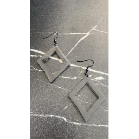 Füme Renk Simli Sedefli Siyah Aksesuar Karo Dörtgen İçi Boş Şekil 5 Cm Epoksi Küpe Hediyelik - Resim 5