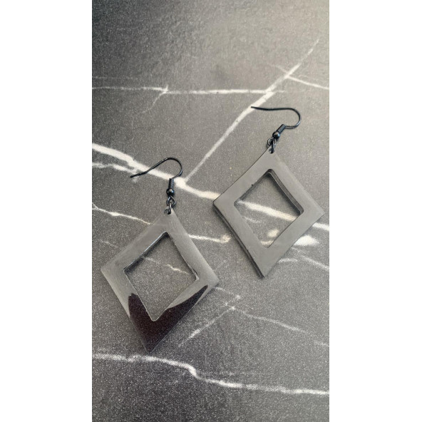 Füme Renk Simli Sedefli Siyah Aksesuar Karo Dörtgen İçi Boş Şekil 5 Cm Epoksi Küpe Hediyelik - Resim 6