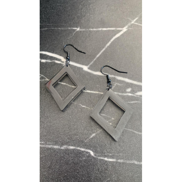 Füme Renk Simli Sedefli Siyah Aksesuar Karo Dörtgen İçi Boş Şekil 4 Cm Epoksi Küpe Hediyelik - Resim 4