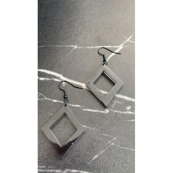 Füme Renk Simli Sedefli Siyah Aksesuar Karo Dörtgen İçi Boş Şekil 4 Cm Epoksi Küpe Hediyelik - Resim 7