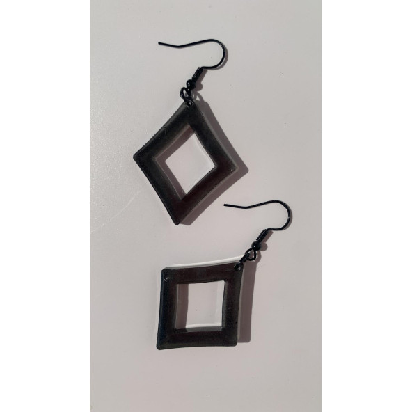 Füme Renk Simli Sedefli Siyah Aksesuar Karo Dörtgen İçi Boş Şekil 4 Cm Epoksi Küpe Hediyelik - Resim 8
