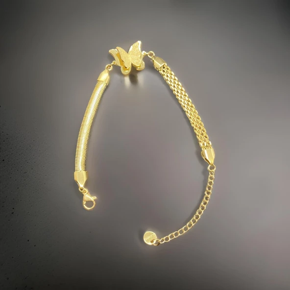 Şıklığın Zirvesi: Kelebek Detaylı Parlak Altın Renk Antialerjik Kadın Çelik Bileklik ürün görseli 1