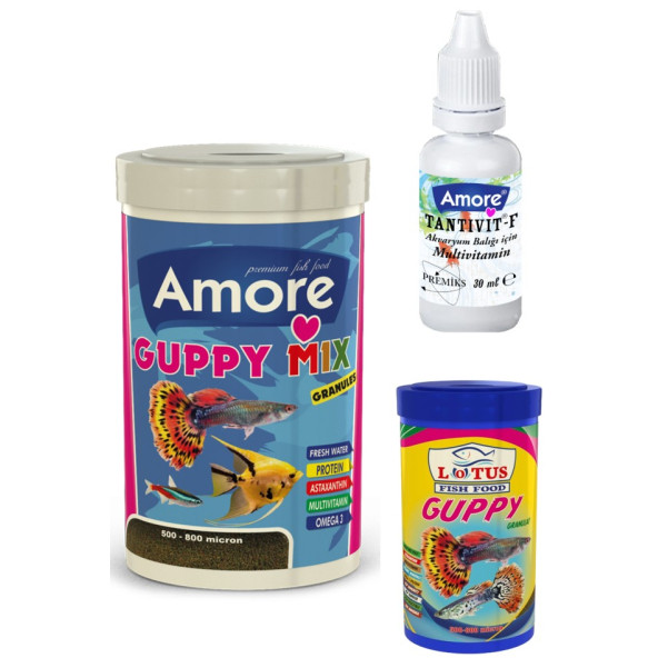 Amore Guppy Mix Granules 250ml Lepistes Moli Melek Tropikal Akvaryum Balık Yemi, Lotus Guppy 100ml, Multivitamin