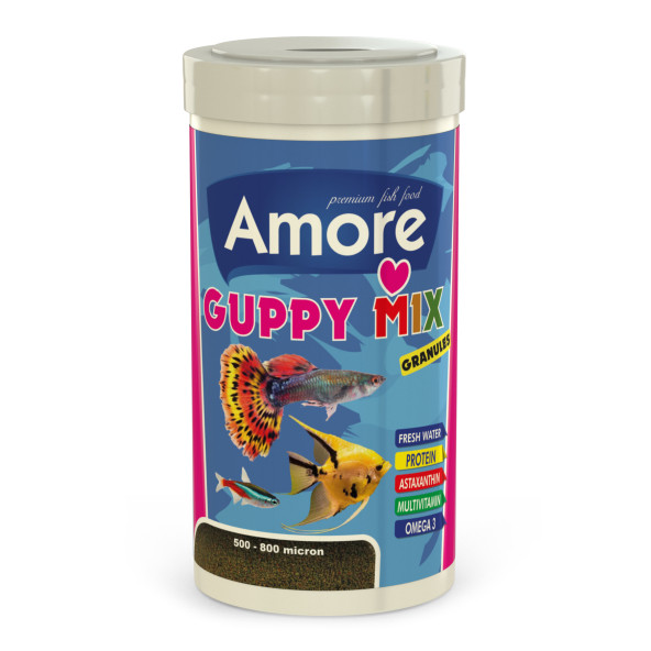 Amore Guppy Mix Granules 250ml Lepistes Moli Melek Tropikal Akvaryum Balık Yemi, Lotus Guppy 100ml, Multivitamin - 3