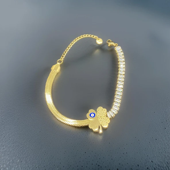 Modern ve Şık Nazar Boncuklu Antialerjik Gold Renk Çelik Bileklik ürün görseli