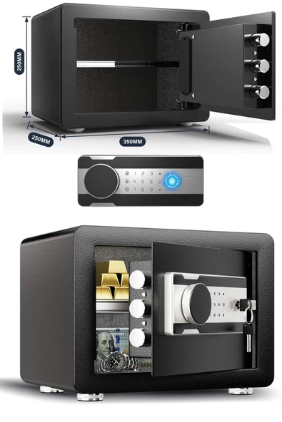 Çift Katlı Ev Ofis Otel Tipi Çelik Para Kasası Parmak İzi, Anahtarlı Ve Şifreli 25x35cm Duvara Monte - 2