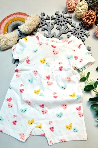 Kısa Paça Yazlık Gündelik Bebek Çıtçıtlı Zıbın %100 Pamuk Kalp Desenli - 2