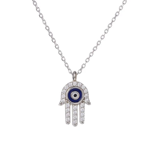 Nazar Boncuğu Detaylı Fatımanın Eli Model Zirkon Taşlı 925 Ayar Gümüş Kadın Kolye ürün görseli