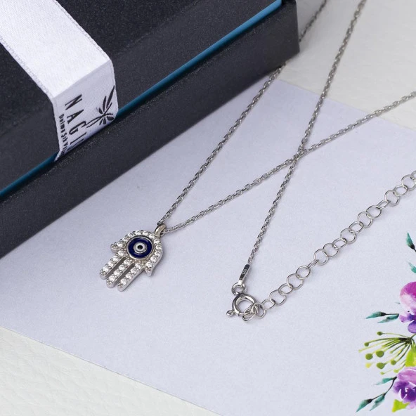 Nazar Boncuğu Detaylı Fatımanın Eli Model Zirkon Taşlı 925 Ayar Gümüş Kadın Kolye - Resim 2
