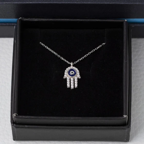 Nazar Boncuğu Detaylı Fatımanın Eli Model Zirkon Taşlı 925 Ayar Gümüş Kadın Kolye - Resim 3
