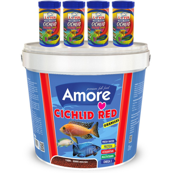 Amore Cichlid Red Granules 3kg Kova 44-Protein, Lotus 4x250ml Malawi Ciklet Color Balık Yemi