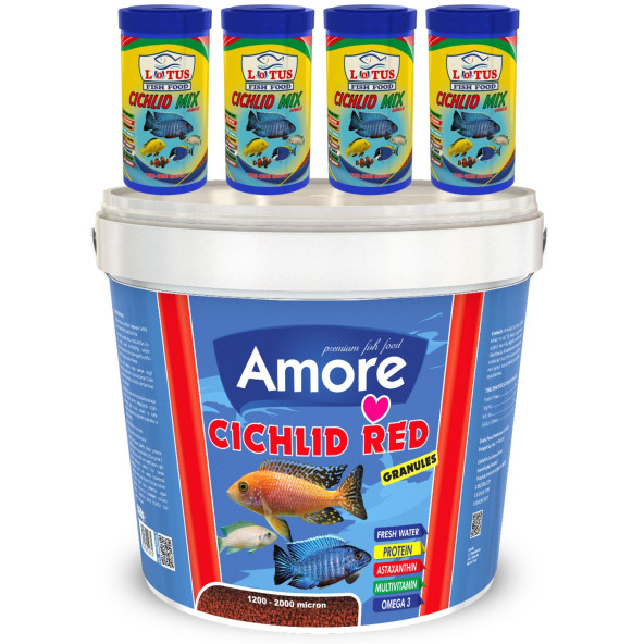 Amore Cichlid Red Granules 3kg Kova 44-Protein, Lotus 4x250ml Malawi Ciklet Mix Karışık Balık Yemi