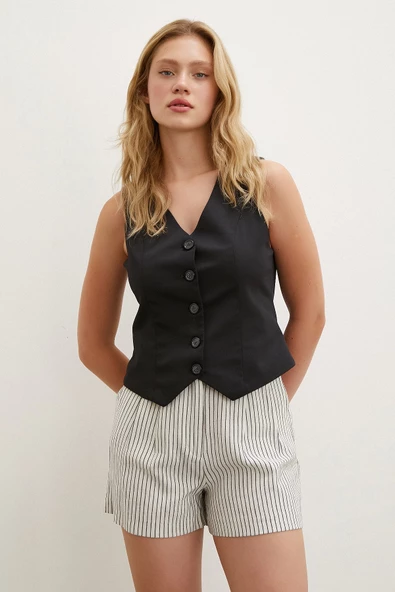 Çizgili Cepli Şort Bej - 3