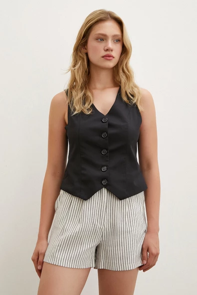 Çizgili Cepli Şort Bej - 5