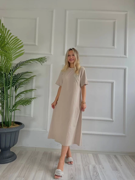 Kadın Taşlı Elbise Vizon - 2