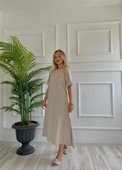 Kadın Taşlı Elbise Vizon - 4