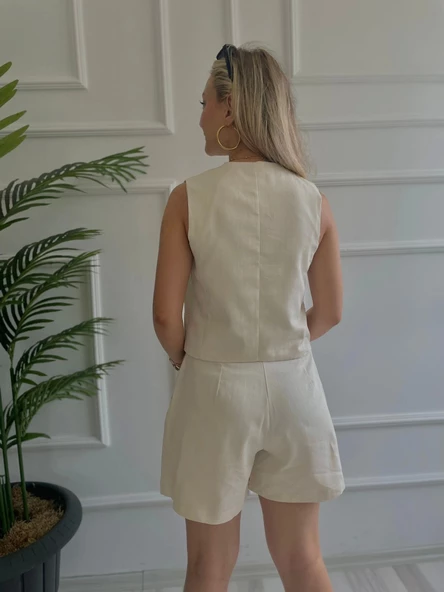 Kadın Yelek Şort İkili Takım Bej - 5