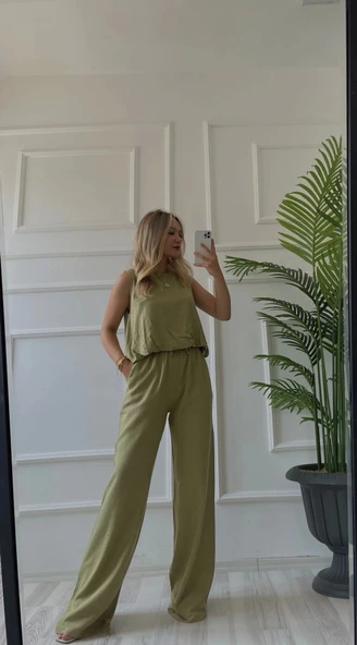 Kadın Eteği Balon Dar Kemerli Keten İkili Takım Haki - Resim 3