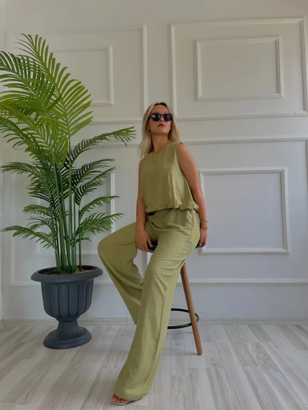 Kadın Eteği Balon Dar Kemerli Keten İkili Takım Haki - Resim 6