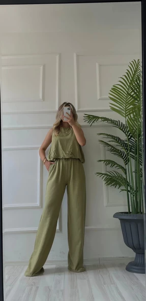 Kadın Eteği Balon Dar Kemerli Keten İkili Takım Haki - Resim 4