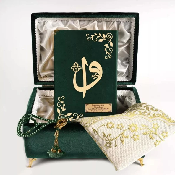 Çizgili Kutu Çeyizlik, Seccade + Tesbih + Kuran Hediye Seti (Çanta Boy, Kadife, Yeşil, Elif-Vav) - Resim 3