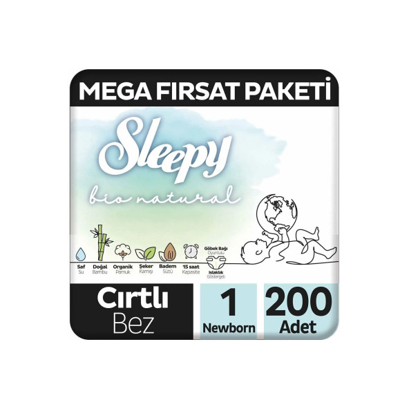 Sleepy Bio Natural Mega Fırsat Paketi Bebek Bezi 1 Numara Newborn 200 Adet