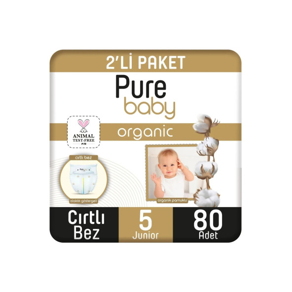 Pure Baby Organik Pamuklu Cırtlı Bez 2'li Paket 5 Numara Junior 80 Adet