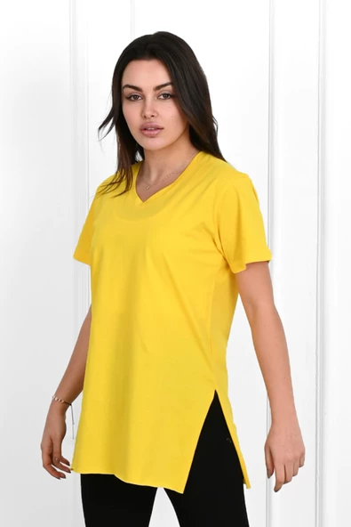 Kadın V yaka Yırtmaçlı  T-Shirt 8783-22 - 8