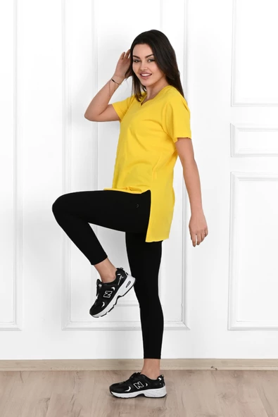 Kadın V yaka Yırtmaçlı  T-Shirt 8783-22 - 8