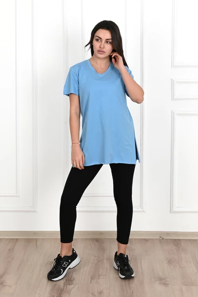 Kadın V yaka Yırtmaçlı  T-Shirt 8783-22 - 2