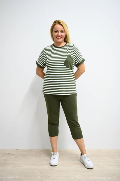 Kadın Büyük Beden Bisiklet Yaka Çizgili Cep Detaylı Kısa Kol Eşofman Takımı 8013 - 10