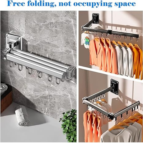 Elbise Çamaşırlık Kurutma Askısı, Katlanabilir Balkon, Çamaşırhane, Banyo Alüminyum Çubuk 360° Dönen, - 2