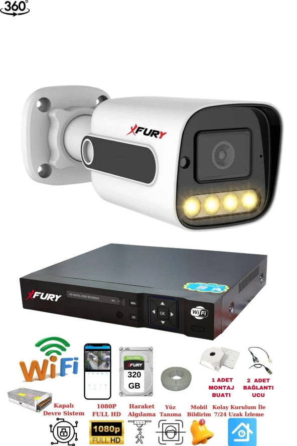 FURY 1 Kameralı 1080P Görüntü Gece Renkli FullHd 4xUltra Led Gece Renkli Güvenlik Kamera Seti 320GB