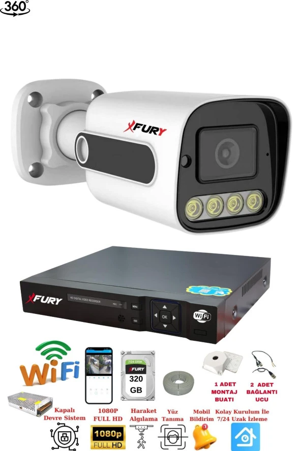 FURY 1 Kameralı Su Geçirmez 1080P 4 x Ultra Ledli Gece Renkli Güvenlik Kamera Seti 5500 320GB - Resim 2