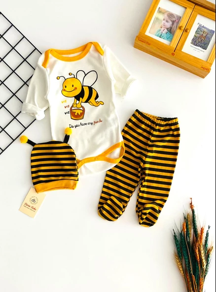 Neşeli Bebekler Arı Baskılı Bereli Ayağı Patikli Üçlü Takım