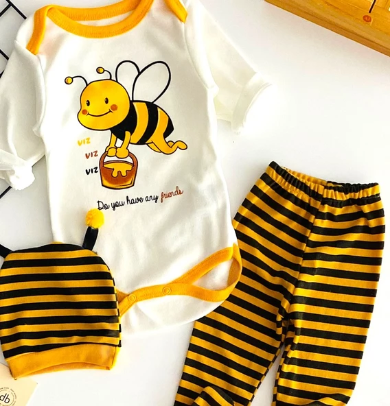 Neşeli Bebekler Arı Baskılı Bereli Ayağı Patikli Üçlü Takım - 2