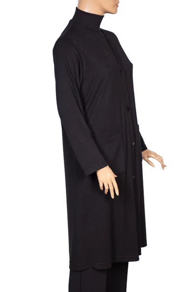 Hesna Kadın Cepli Düğmeli Kap Siyah Ceket - Resim 3