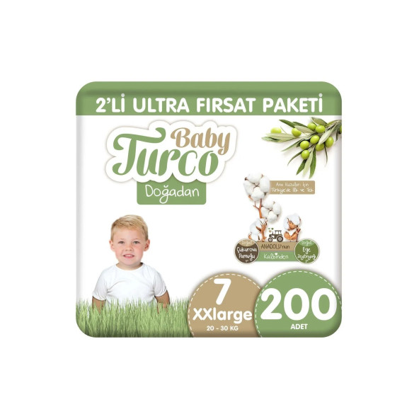 Baby Turco Doğadan 2'li Ultra Fırsat Paketi Bebek Bezi 7 Numara Xxlarge 200 Adet