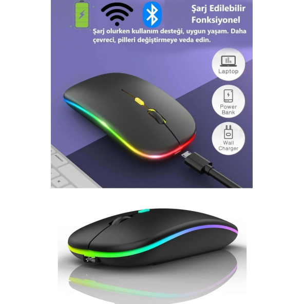 Çift Modlu Kablosuz Bluetooth Mouse Rgb Ledli Şarj Edilebilir Sessiz Tıklama Ergonomik - 3