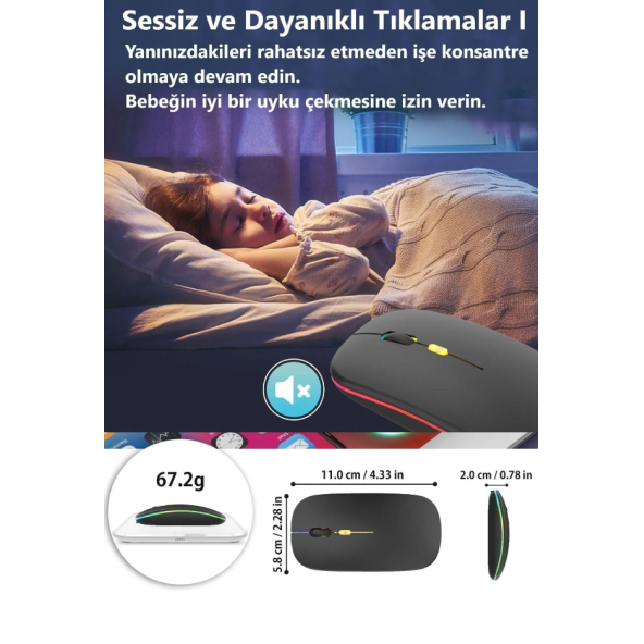 Çift Modlu Kablosuz Bluetooth Mouse Rgb Ledli Şarj Edilebilir Sessiz Tıklama Ergonomik - 4